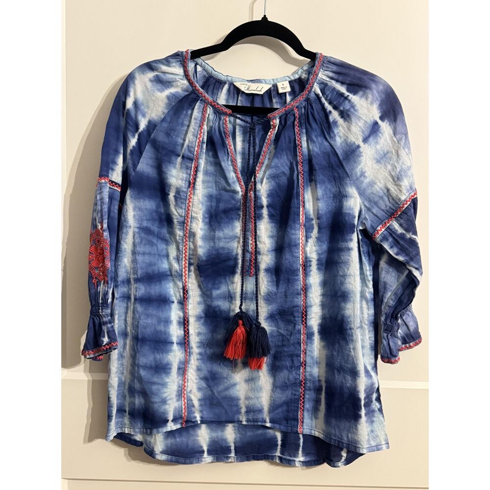 Caffe Marrakesh Tunic Blouse Womens Small Blue Tie Dye Embroidered Tassel Boho